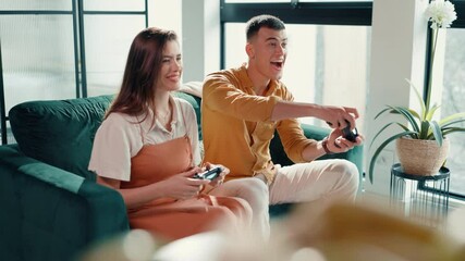 Poster - Bonding, couple and cheating on game, controller and fun with virtual sport, happy or entertainment. Laughing, man and woman with console for digital competition, gamer or playing with tech in house