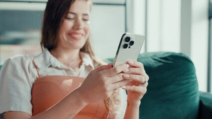 Aufkleber - Happy, sofa and woman with phone in home for social media, reading message and chatting. Living room, laugh and person on smartphone for communication, internet and online dating on mobile app