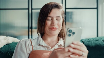 Aufkleber - Sofa, laugh and woman with phone in home for social media, reading message and chatting. Living room, happy and person on smartphone for communication, internet and online dating on mobile app