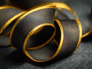 Poster - A close up of a black ribbon with gold trim curled on a dark surface in a studio setting for crafts