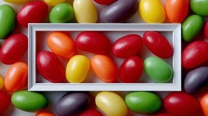 Poster - White frame with a bunch of colorful jelly beans in it. The jelly beans are of different colors and sizes, and they are scattered all over the frame. The frame is the main focus of the image
