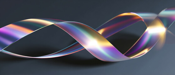 Poster - A holographic ribbon twirling and looping against a dark background creating an abstract design