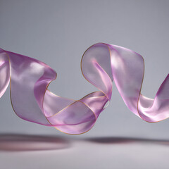 Poster - Aesthetic shot of a flowing sheer purple ribbon with gold trim against a neutral gray background studio shot