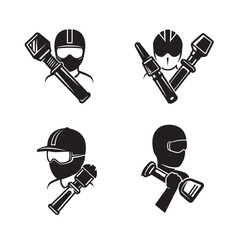 Poster - Set of black and white motorcyclist icons demonstrating motorcycle riding safety gear and tools