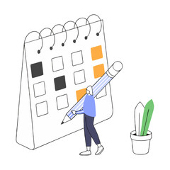 Poster - Woman marks calendar dates with large pencil next to potted plant in minimalist illustration style