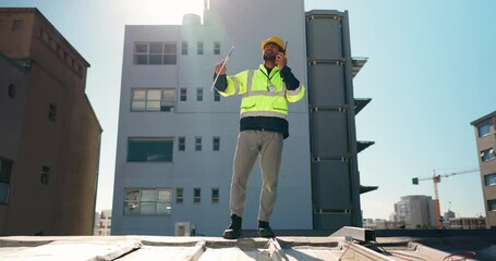Aufkleber - Man, construction and talking on radio with clipboard for site inspection, instructions and safety. Engineer, low angle and communication for project management, quality control and risk assessment