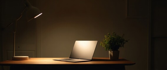 Fototapete - A laptop sits on a desk in a modern home office. A lamp and a plant are nearby in the dimly lit room.