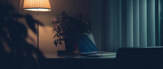 Fototapete - A laptop sits on a desk in a modern home office. A lamp and a plant are nearby in the dimly lit room.