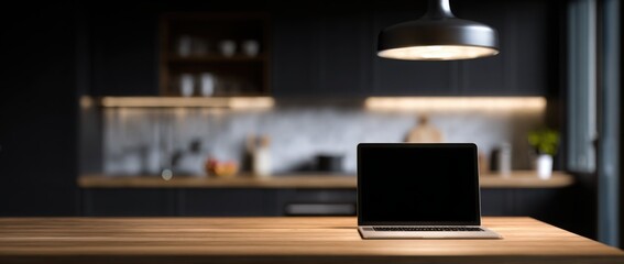 Fototapete - Modern home office interior with a wooden desk, laptop, and lamp on a dark background.