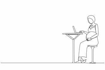 Aufkleber - Single continuous line drawing Arab pregnant woman sitting in cafe and using laptop. Freelance work concept. Side view. Theme of working as freelancer during pregnancy. One line graphic design vector