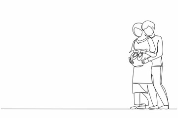 Poster - Continuous one line drawing Arab pregnant woman and her husband holding baby shoes and hugging tummy. Pregnant woman holding baby shoes while husband touching her belly. Single line draw design vector