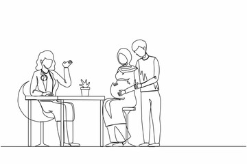 Poster - Single one line drawing Arabian Moslem family expecting child visiting doctor isolated. Physician consulting pregnant woman with husband. Modern continuous line draw design graphic vector illustration