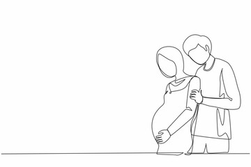 Poster - Continuous one line drawing young man carefully embraced Arabian pregnant woman. Husband and wife are expecting baby, young parents, family support. Single line draw design vector graphic illustration