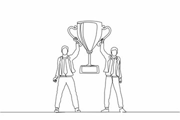 Poster - Continuous one line drawing two men holding golden goblet. Winners celebrating victory. Businessman with prize, trophy cup. Celebration business team success. Single line draw design vector graphic