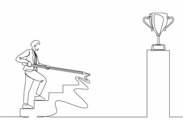 Poster - Continuous one line drawing businessman use huge pencil to draw rising up stairs, walk climbing up ladder, and try to reach trophy cup. Business development successful. Single line draw design vector