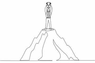 Poster - single one line drawing happy businessman holding trophy on the top of the high mountain. success, g