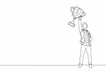 Poster - Single continuous line drawing businessman with trophy standing with arms lifted in the air. Man celebrating his business award. Winner and reaching goals concept. One line draw graphic design vector