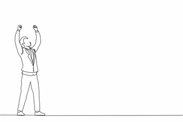 Poster - Single one line drawing young businessman standing and raising hands or arms. Successful guy. Career goal. Victory sign or symbol. Winner pose. Continuous line draw design graphic vector illustration