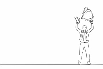 Poster - Single one line drawing businessman standing and lifting trophy. Career goal icon. Victory sign or symbol. Winner pose. Success, goal, achievement concept. Continuous line draw design graphic vector