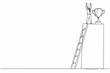 Poster - Continuous one line drawing businessman climb ladder to reach trophy and standing with arms lifted in the air. Man celebrating his business award. Single line draw design vector graphic illustration
