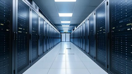 Poster - Aisle view of modern server room with parallel rows of data center equipment in a secure and climate controlled environment.