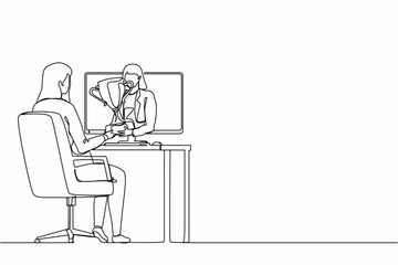Aufkleber - Continuous one line drawing beautiful businesswoman holds out a golden cup from a monitor to a happy office worker. Award in the online contest. Single line draw design vector graphic illustration