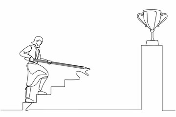 Poster - Single continuous line drawing businesswoman use huge pencil to draw rising up stairs, walk climbing up ladder, and try to reach trophy cup. Business development. One line draw graphic design vector