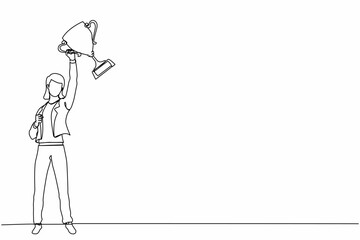 Poster - Continuous one line drawing businesswoman with trophy standing with arms lifted in the air. Woman celebrating her business award. Winner, reaching goals concept. Single line draw design vector graphic