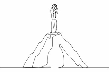 Poster - Single continuous line drawing active businesswoman holding trophy on the top of the high mountain. Success, goal, achievement and challenge concept. One line draw graphic design vector illustration