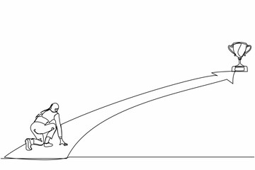 Poster - Single continuous line drawing businesswoman get ready on starting to goal of business in starting position ready to sprint run. Reaching trophy. Business concept. One line draw graphic design vector