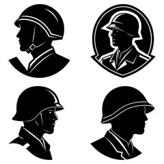 Leinwandbilder - Silhouetted soldiers wearing helmets in various styles and compositions in a black and white vector image