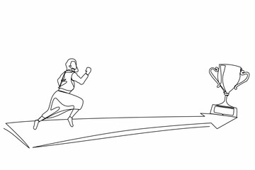 Poster - Single continuous line drawing side view businesswoman running to golden trophy. Concept for business direction and mission vision. Goal, success, development, victory. One line graphic design vector