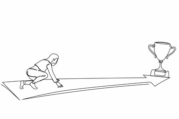 Poster - Continuous one line drawing side view businesswoman ready to run to trophy at end of route. Concept of vision mission and goal of business. Female run to their goal. Single line draw design vector