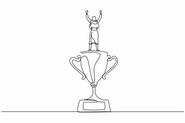 Poster - Single one line drawing back view businesswoman stand above trophy. Business metaphor of success and appreciation. Female celebrating her business award. Continuous line draw design graphic vector