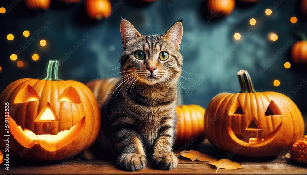 Mischievous Tabby Amidst Halloweens Cheer, Whiskers Twitching by