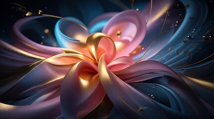 Poster - Abstract flower with golden accents and smooth gradient petals in shades of pink and blue