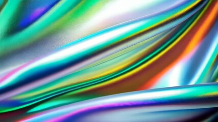 Poster - Abstract iridescent flow of metallic cloth with subtle waves, holographic surface texture and vibrant light reflections creates a futuristic visual.