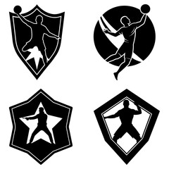 Poster - Four black and white emblem designs with figures in action poses on geometric backgrounds and shapes