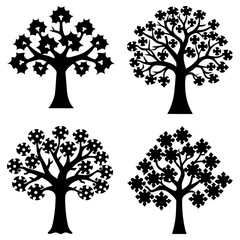 Poster - Four stylized trees with unique leaf patterns in black silhouette on a white background design element