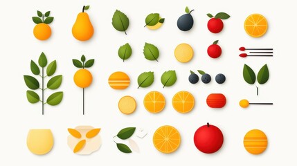 Fototapete - fruit summer beach concept. Colorful illustrations of various fruits and leaves in a modern design style.