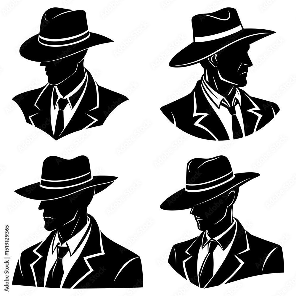 Four silhouette portraits of men wearing fedora hats and suits in a ...