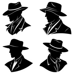 Leinwandbilder - Four silhouette portraits of men wearing fedora hats and coats in a graphic style design element