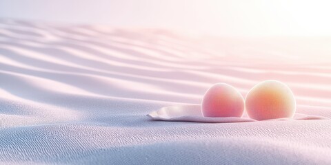 Poster - fruit summer beach concept. Abstract spheres resting on textured sand dunes under a soft pastel sky.