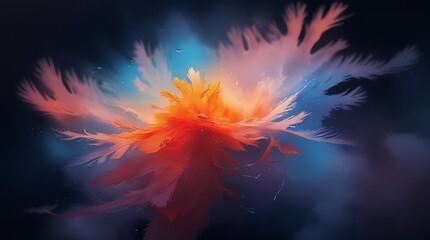 Poster - Abstract explosion of vibrant orange and red colors against a dark blue background