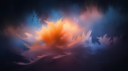Poster - Abstract painting with orange and blue hues creates a dreamy and ethereal atmosphere