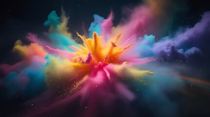 Poster - Colorful powder explosion creates an abstract vibrant splash of color against a dark background