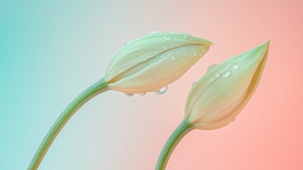 Poster - Two white flower buds glisten with water droplets as soft pastel colors illuminate the background, creating a peaceful and calming ambiance in a natural environment