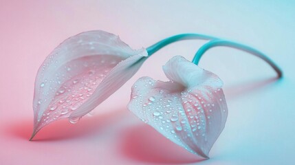 Poster - Delicate white petals glisten with water droplets under soft pink and blue lighting, enhancing their natural beauty and creating a tranquil ambiance