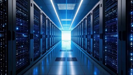 Poster - Illuminated server room data center hallway with modern computer equipment racks, network infrastructure, and neon blue light glowing from digital hardware panels.