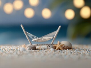 Poster - relax hammock beach concept. Miniature hammock on sand with soft bokeh lights in the background evokes a tranquil beach scene.